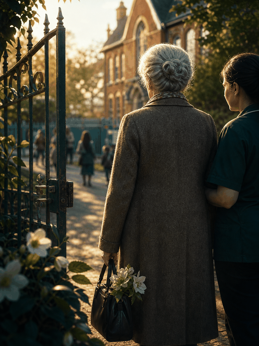 The Garden Gate — an elderly woman with a carer, at a wrought-iron gate in autumn light