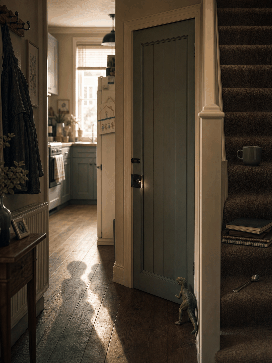 Parts That Remember — cover art: a basement door in a quiet terraced kitchen, a toy dinosaur at its foot