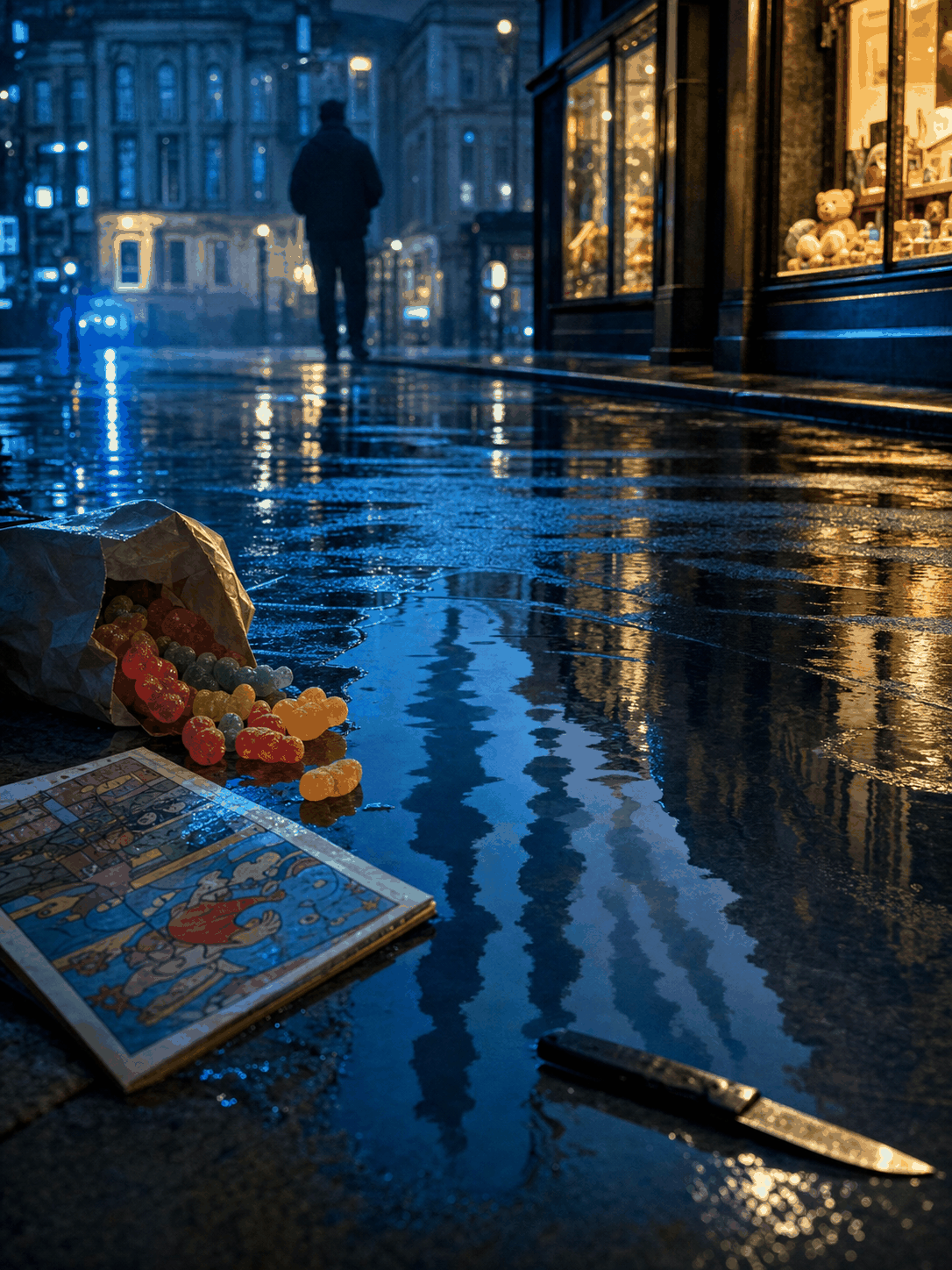 The Quiet After — a rain-slicked street at night, a paper bag of jelly sweets and a knife on wet stone