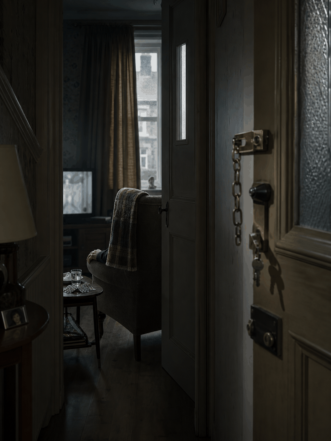 The Silent Rooms — a chained front door, a quiet living room beyond