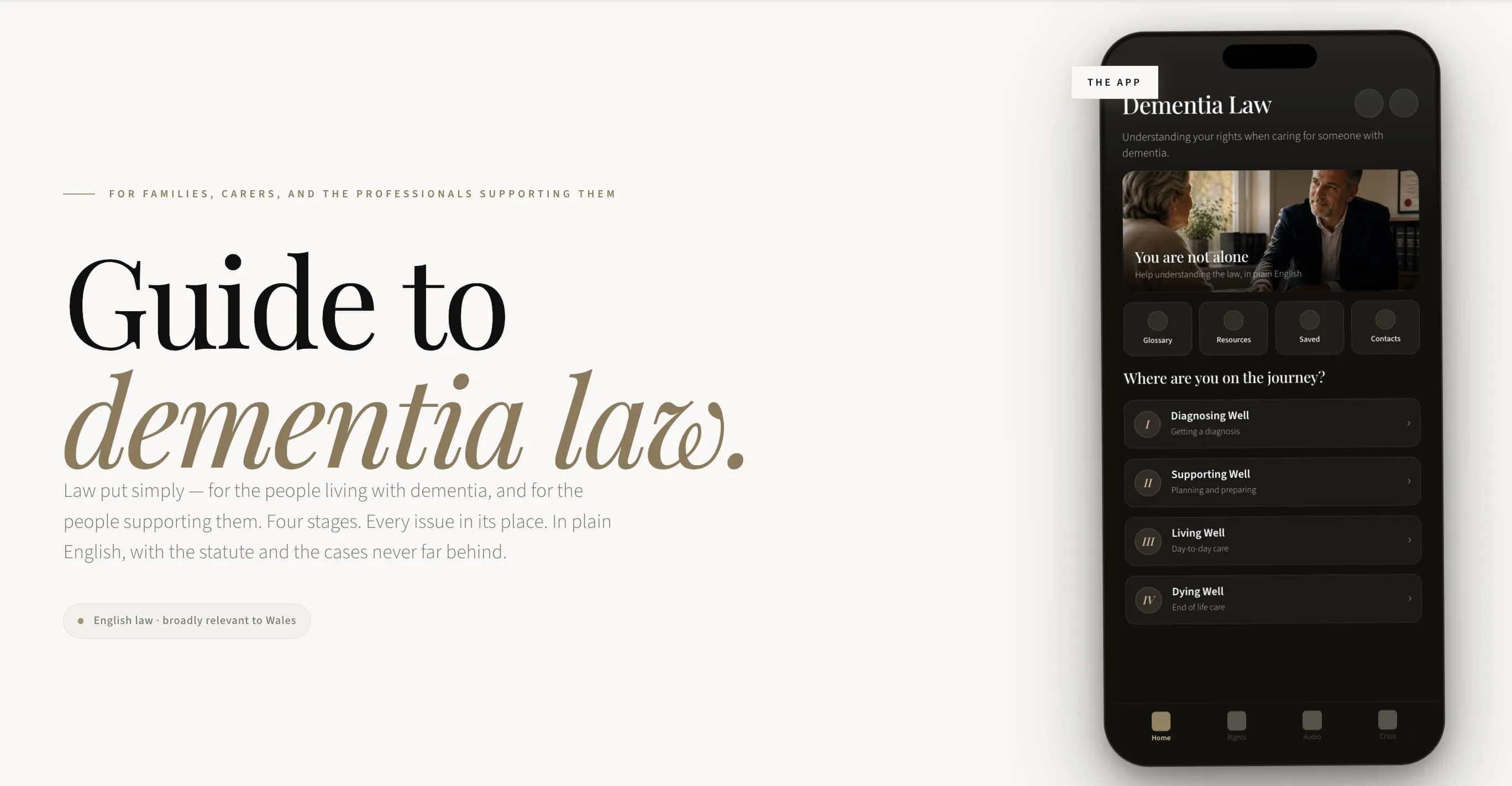 Guide to Dementia Law — landing page with mobile app preview